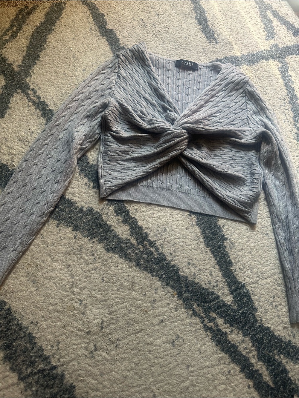 AKIRA Light Gray Cable Knit Twist-Front Cropped Sweater